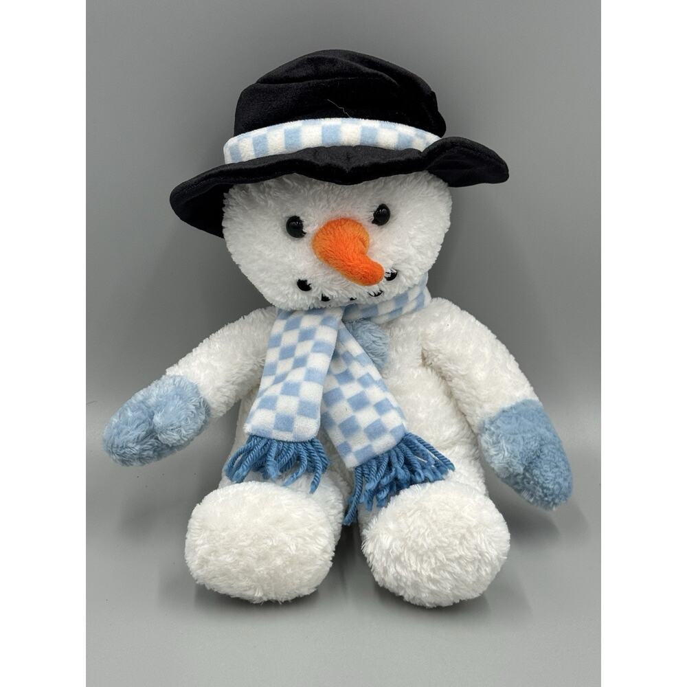 Carlton Cards Plush Snowman Blue Checked Scarf Black Top Hat 11” No Tag